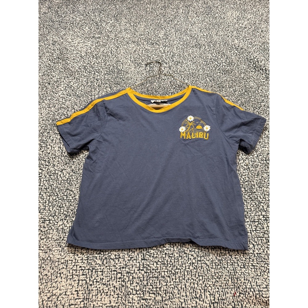 Love & Lazy Days Malibu Crop Top Ringer Tee Size Medium Blue Yellow